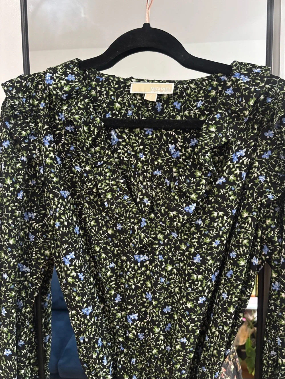 Michael Kors Women's Long Sleeve Midi Dress in Black, Blue & Green Floral Size M